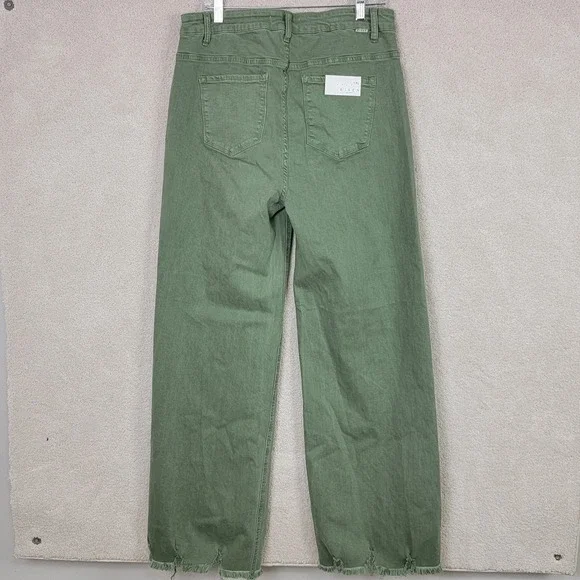 RISEN NEW Women's 1XL Olive High Rise Wide Leg Distressed Raw Hem Denim Jeans - Picture 3 of 12